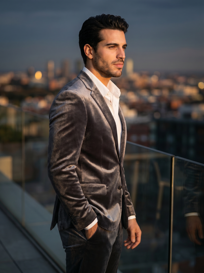 Silver Velvet Suit — Custom Made to Measure - side view