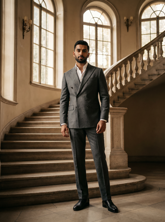 Silver Wool Double Breasted Suit — Custom Made to Measure - front view