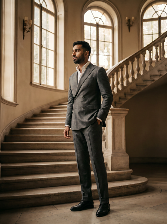 Silver Wool Double Breasted Suit — Custom Made to Measure - side view