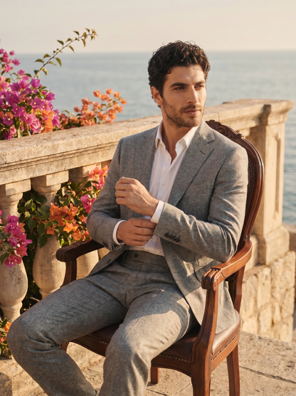 Silver Wool Groomsmen Suit — Custom Made to Measure - seated view
