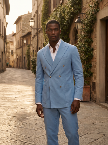 Sky Blue Cotton Double Breasted Suit — Custom Made to Measure - front view
