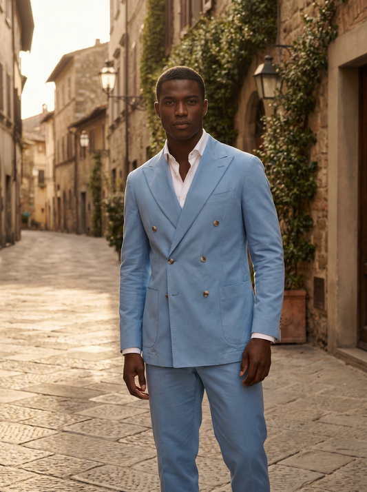 Sky Blue Cotton Double Breasted Suit — Custom Made to Measure - front view