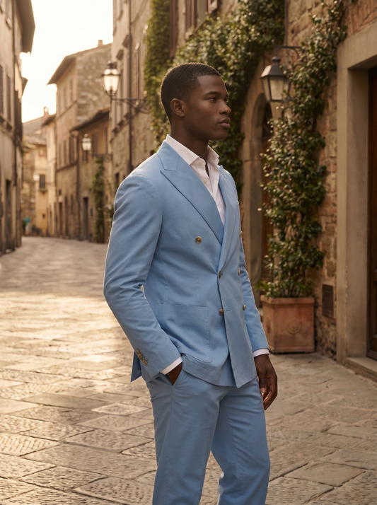 Sky Blue Cotton Double Breasted Suit — Custom Made to Measure - side view