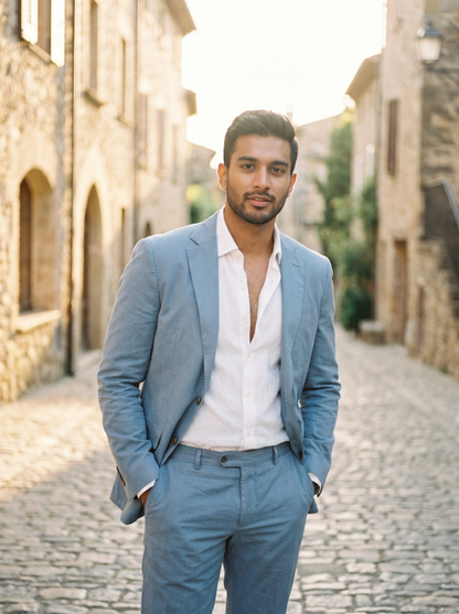 Sky Blue Cotton Groomsmen Suit — Custom Made - front view