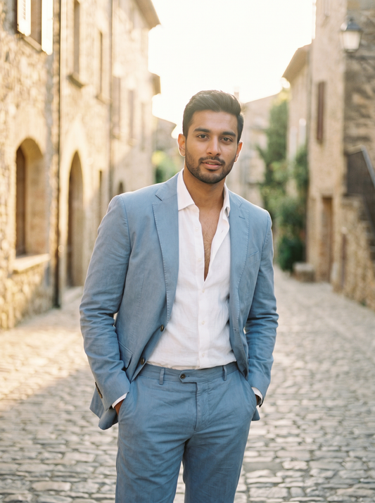 Sky Blue Cotton Groomsmen Suit — Custom Made - front view