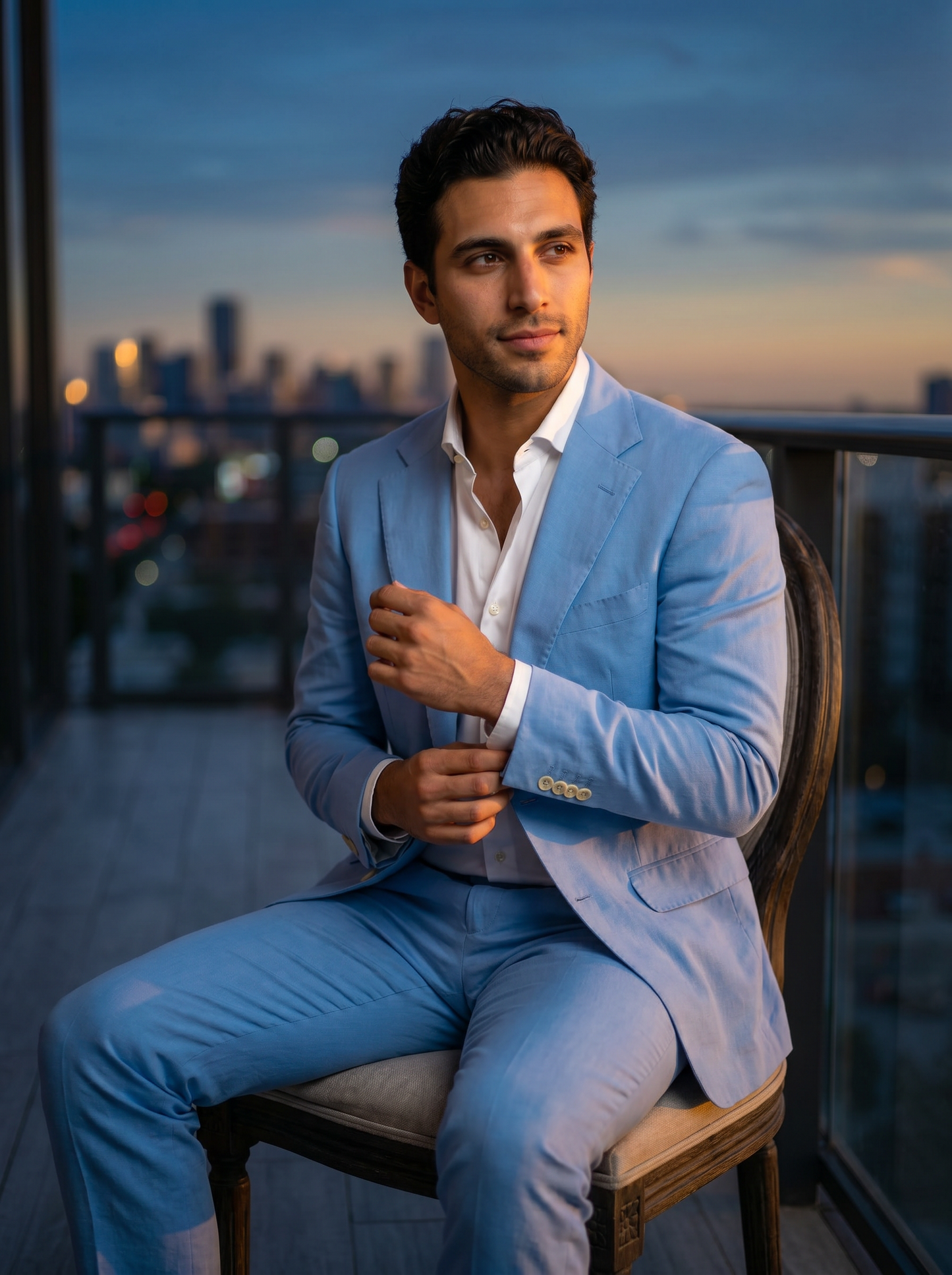 Sky Blue Cotton Suit — Custom Made to Measure - seated view