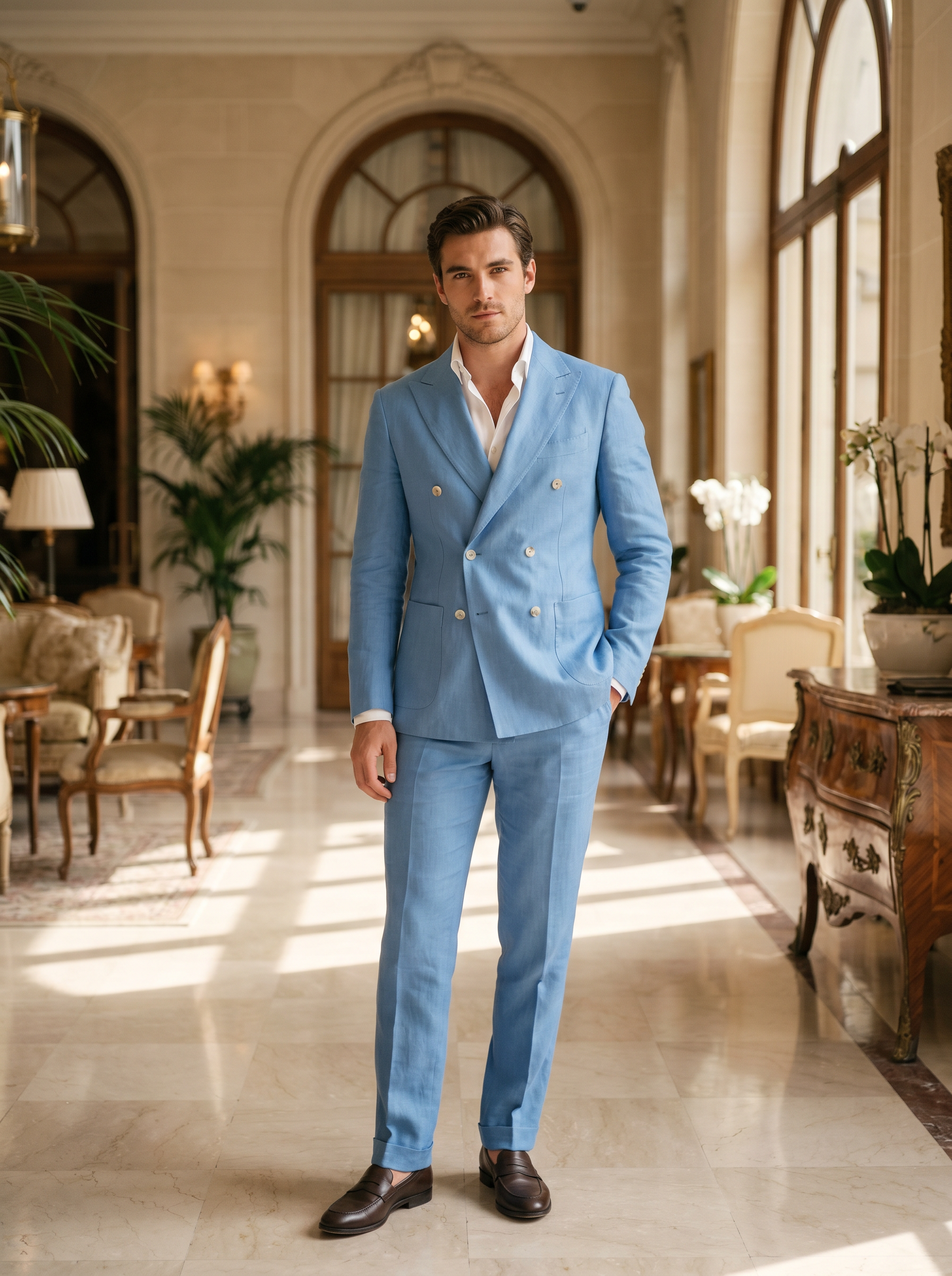 Sky Blue Linen Double Breasted Suit — Custom Made to Measure - front view