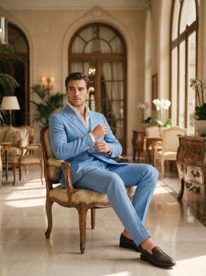 Sky Blue Linen Double Breasted Suit — Custom Made to Measure - seated view