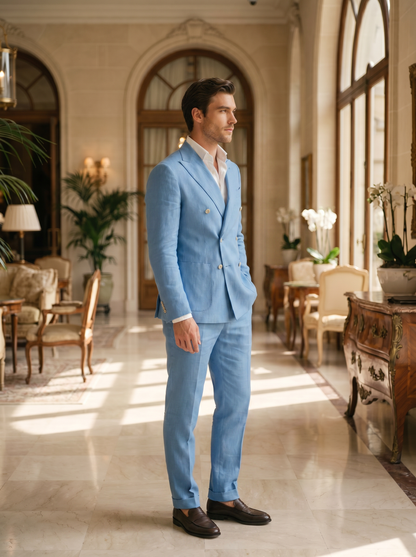 Sky Blue Linen Double Breasted Suit — Custom Made to Measure - side view