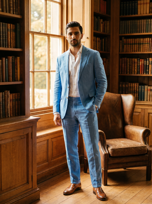 Sky Blue Linen Groomsmen Suit — Custom Made to Measure - front view