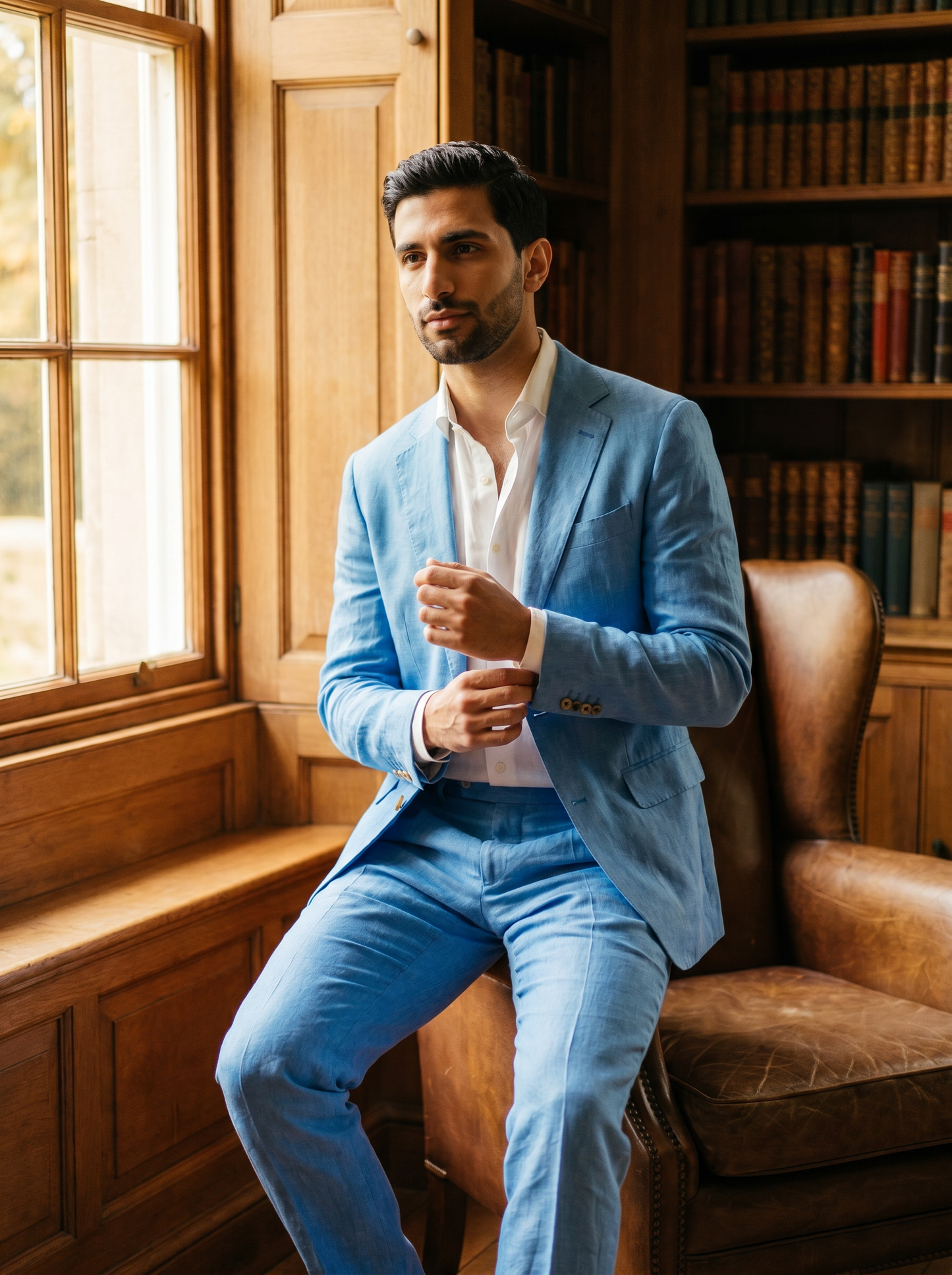 Sky Blue Linen Groomsmen Suit — Custom Made to Measure - seated view