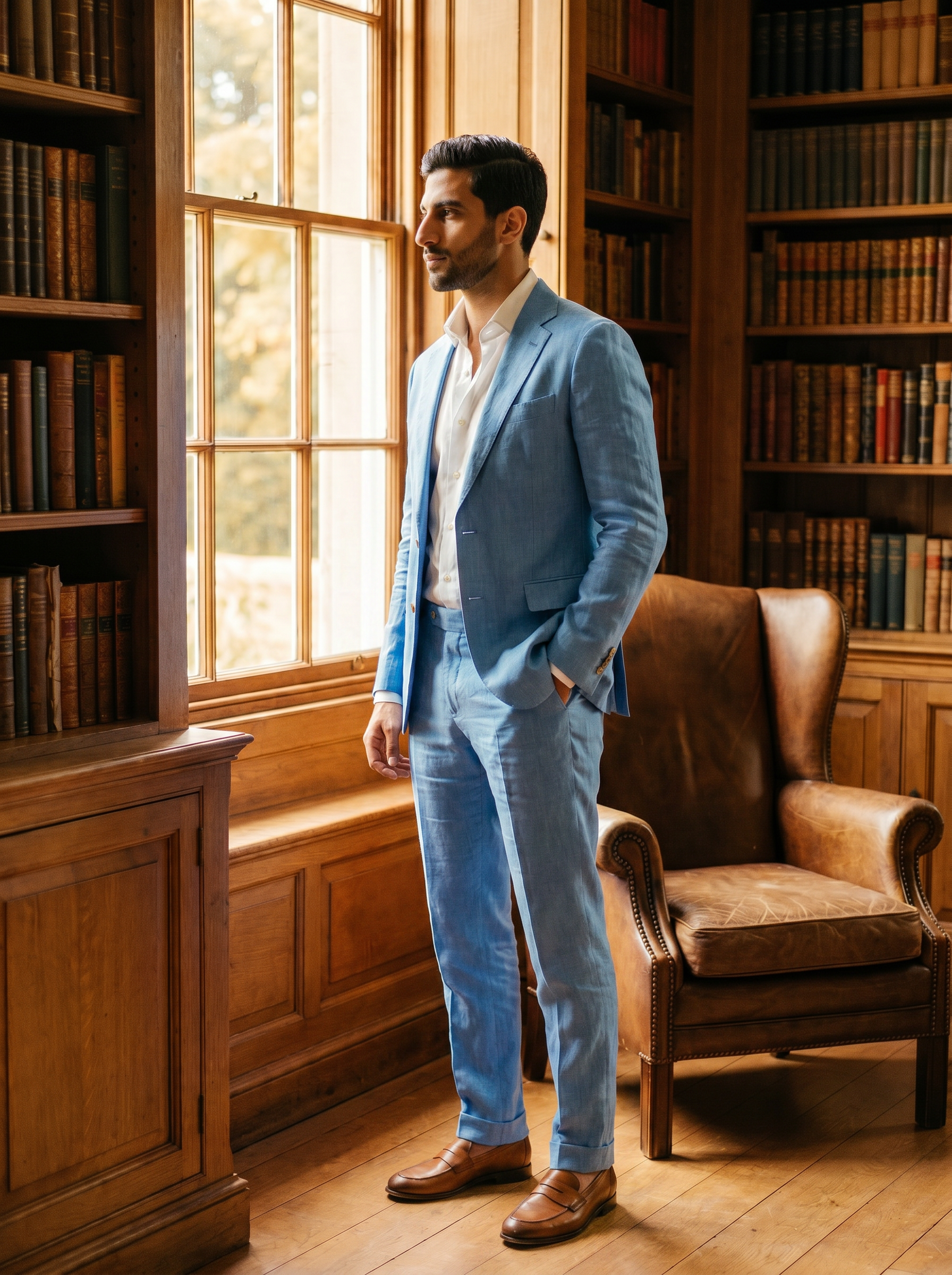Sky Blue Linen Groomsmen Suit — Custom Made to Measure - side view