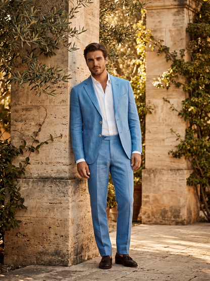 Sky Blue Linen Suit — Custom Made to Measure - front view