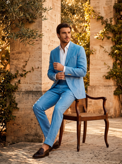 Sky Blue Linen Suit — Custom Made to Measure - seated view