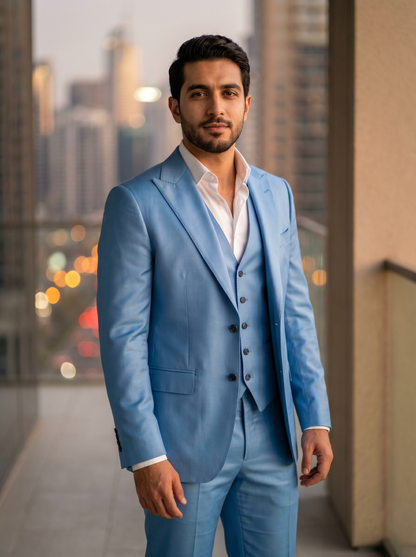 Sky Blue Silk Blend 3-Piece Suit — Custom Made to Measure - front view