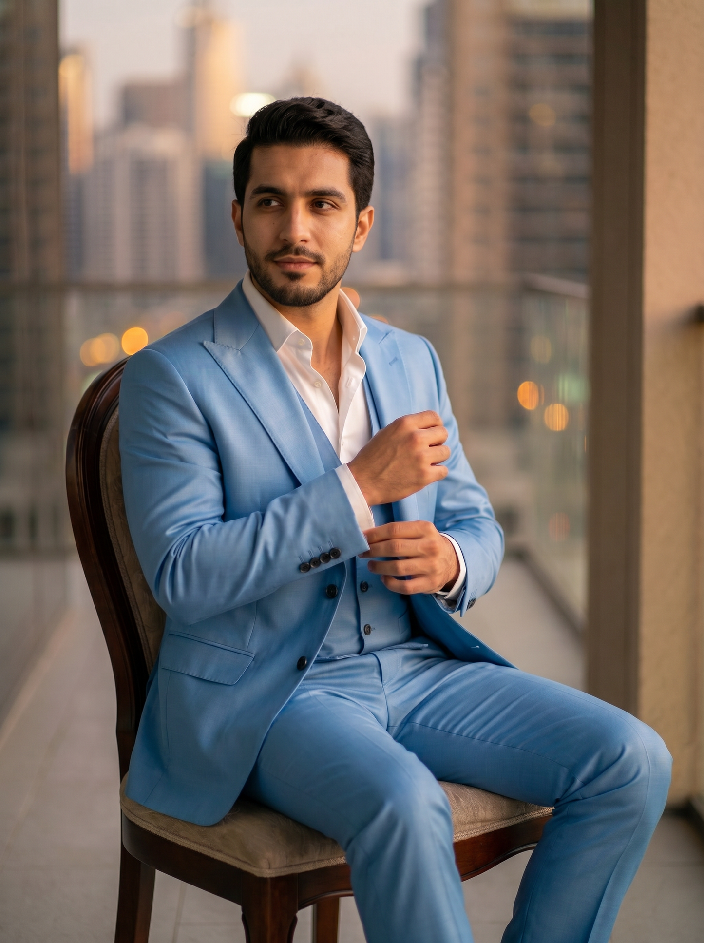 Sky Blue Silk Blend 3-Piece Suit — Custom Made to Measure - seated view