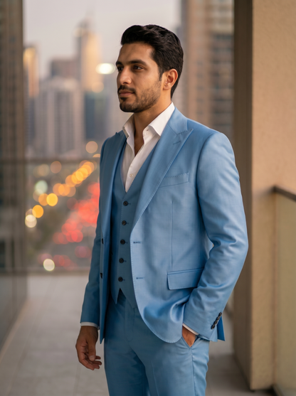 Sky Blue Silk Blend 3-Piece Suit — Custom Made to Measure - side view