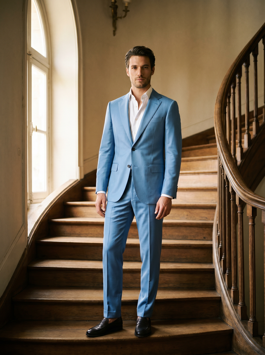 Sky Blue Silk Blend Groomsmen Suit — Custom Made to Measure - front view