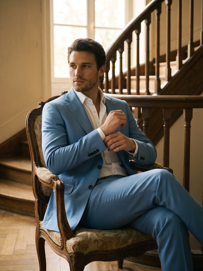 Sky Blue Silk Blend Groomsmen Suit — Custom Made to Measure - seated view