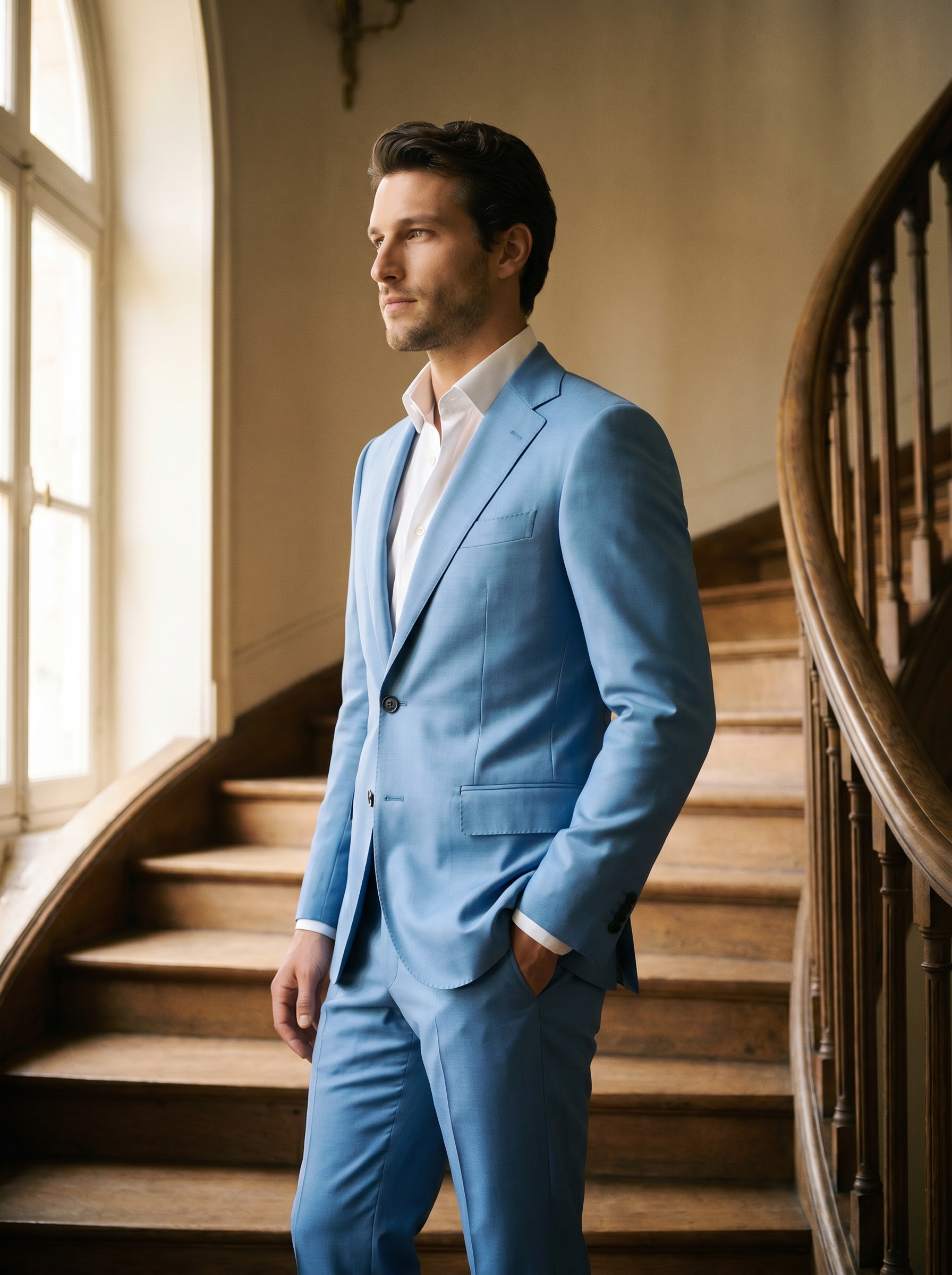 Sky Blue Silk Blend Groomsmen Suit — Custom Made to Measure - side view