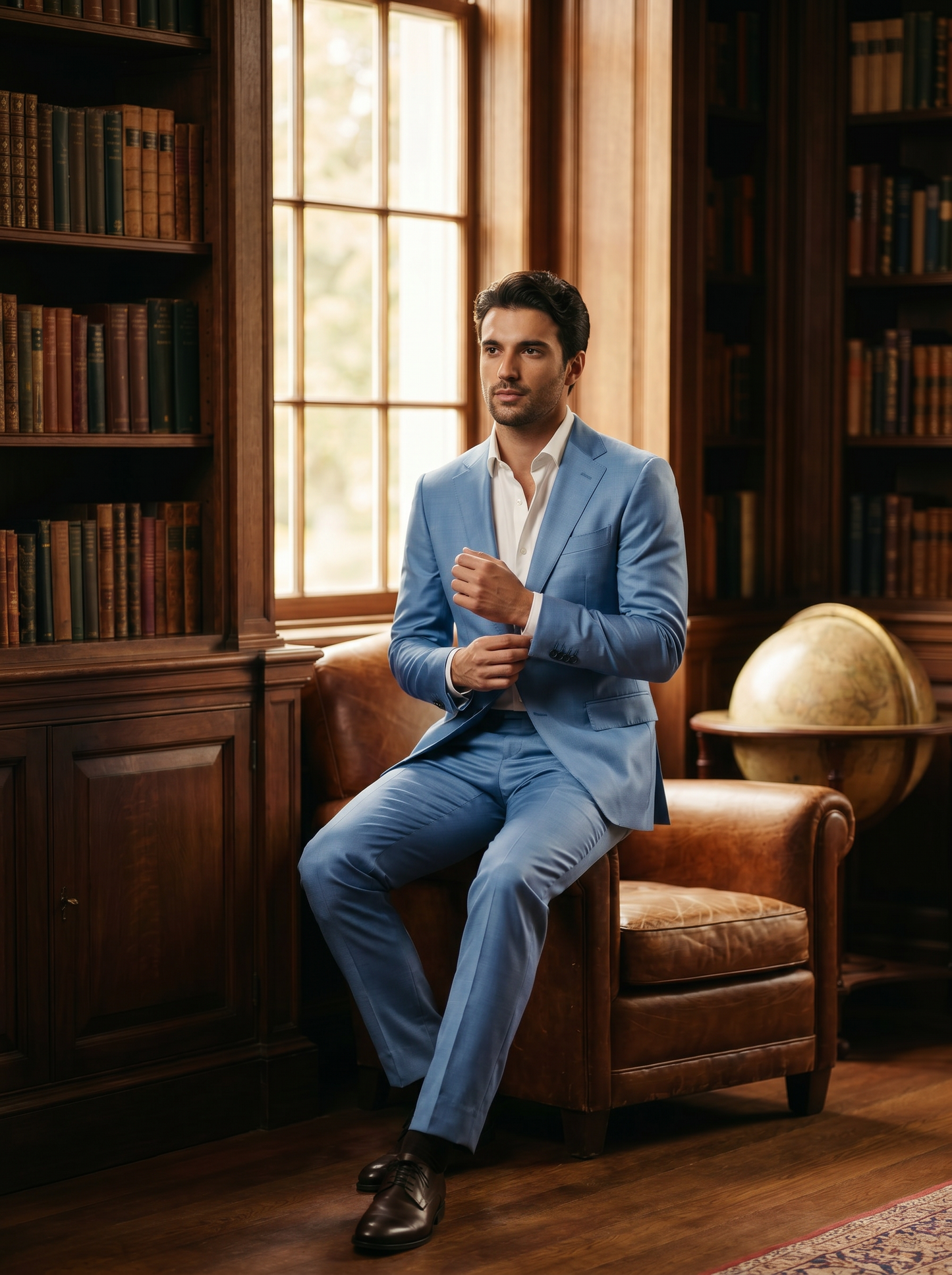 Sky Blue Silk Blend Suit — Custom Made to Measure - seated view