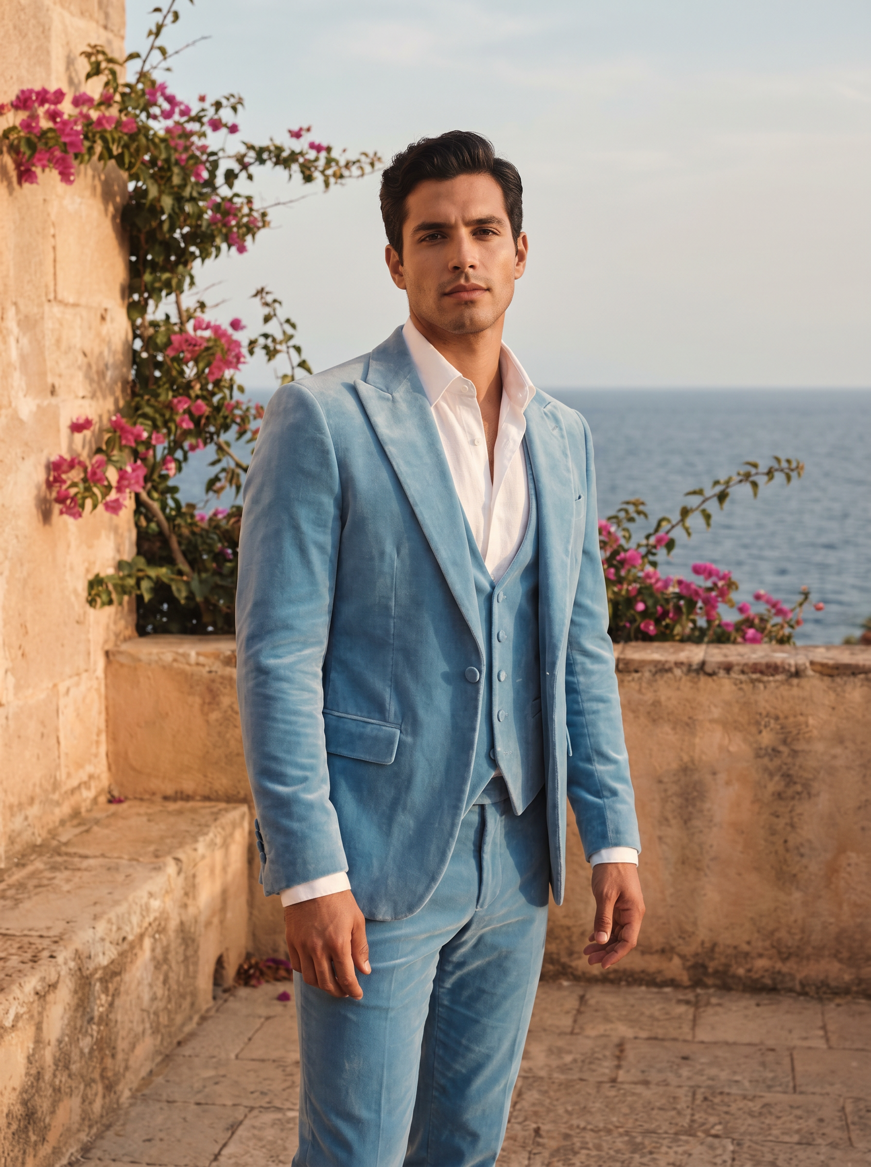 Sky Blue Velvet 3-Piece Suit — Custom Made to Measure - front view