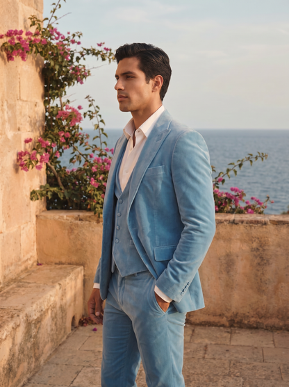Sky Blue Velvet 3-Piece Suit — Custom Made to Measure - side view