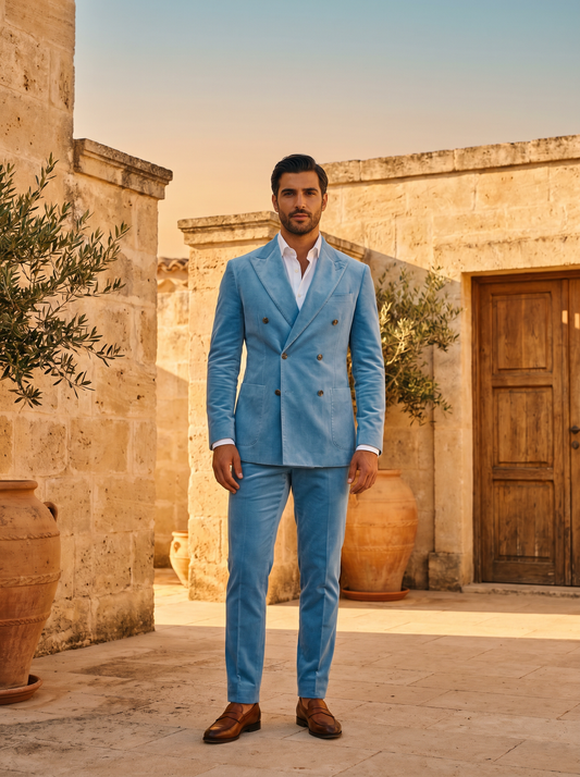 Sky Blue Velvet Double Breasted Suit — Custom Made to Measure - front view