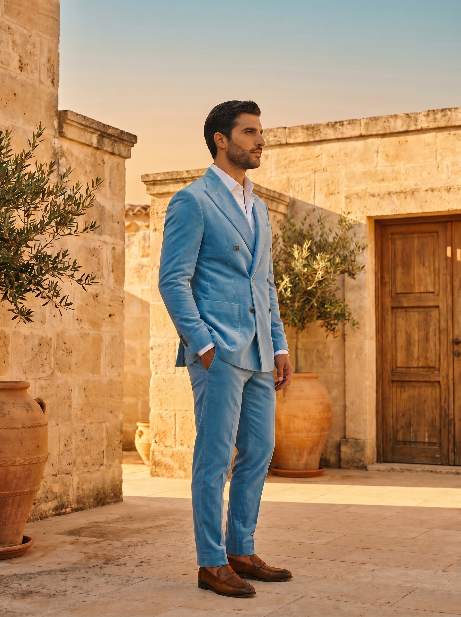 Sky Blue Velvet Double Breasted Suit — Custom Made to Measure - side view