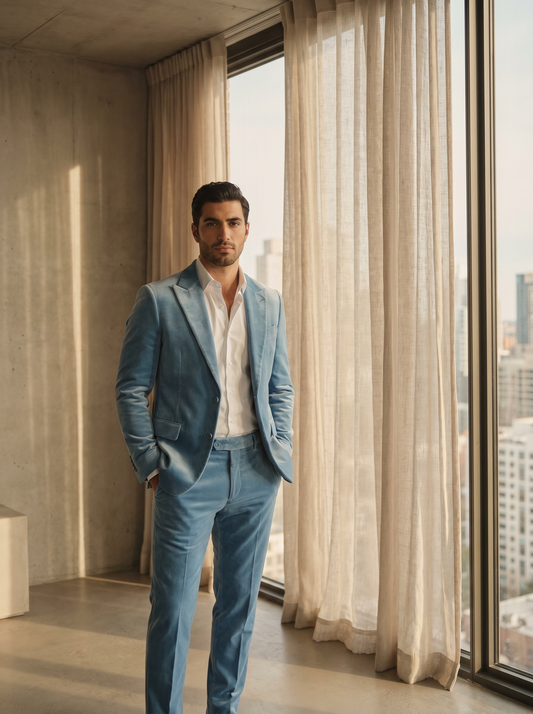 Sky Blue Velvet Groomsmen Suit — Custom Made to Measure - front view