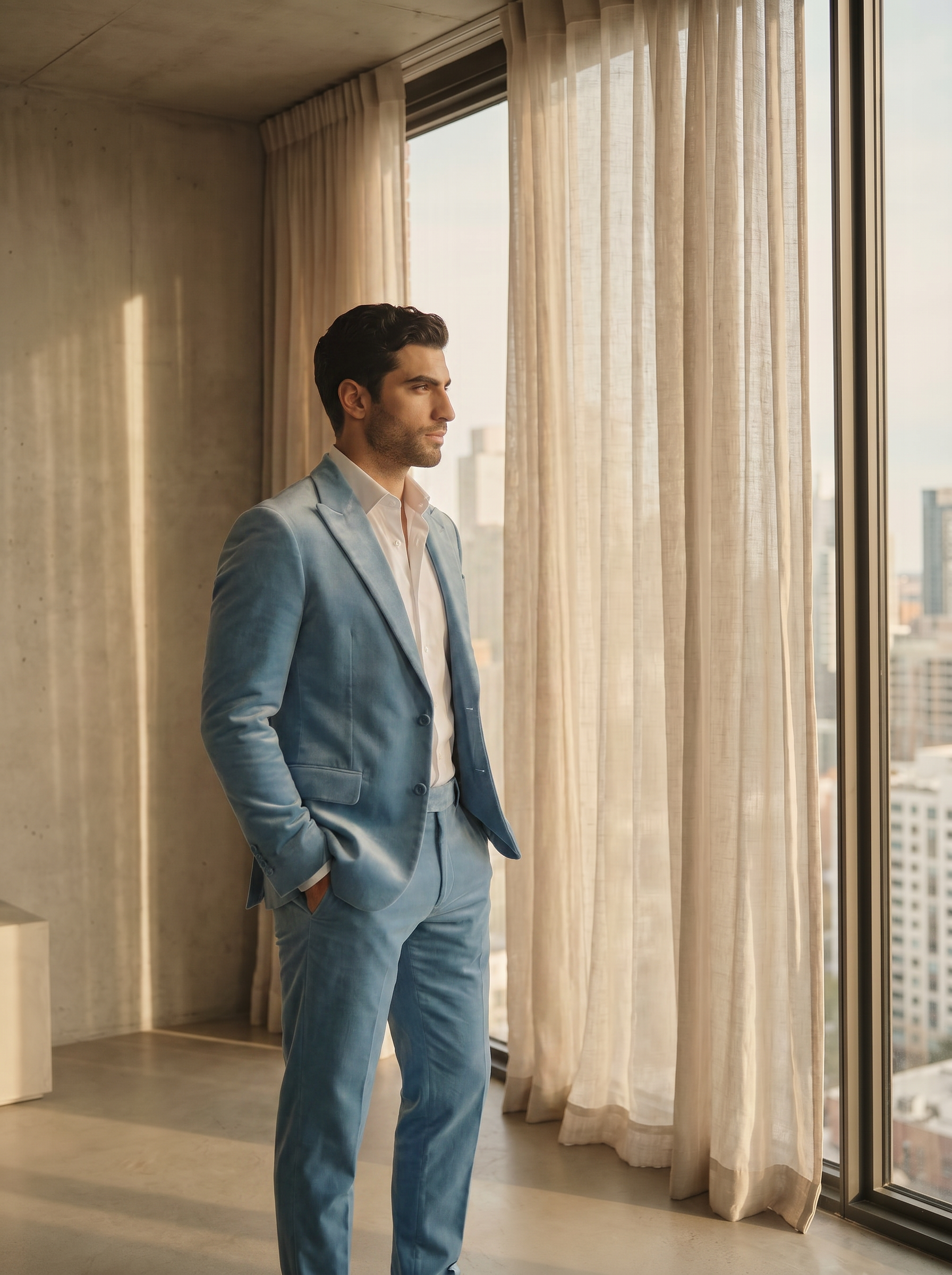 Sky Blue Velvet Groomsmen Suit — Custom Made to Measure - side view