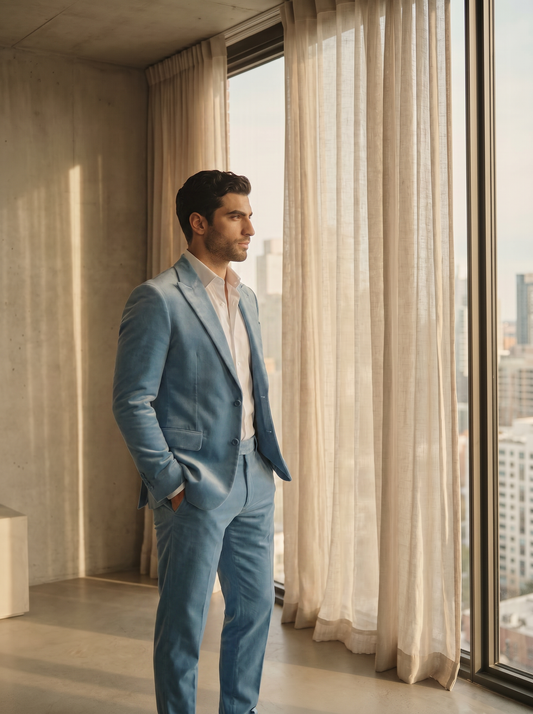 Sky Blue Velvet Groomsmen Suit — Custom Made to Measure - side view