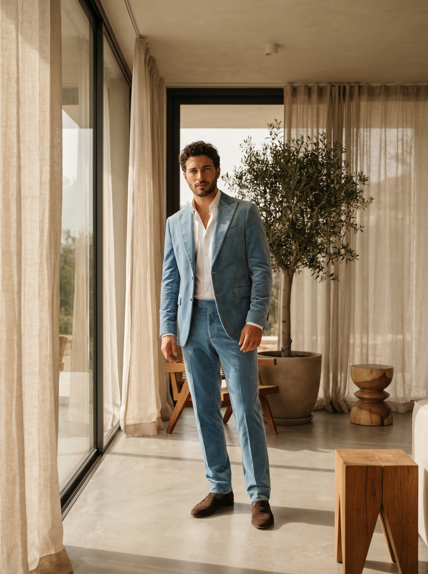 Sky Blue Velvet Suit — Custom Made to Measure - front view