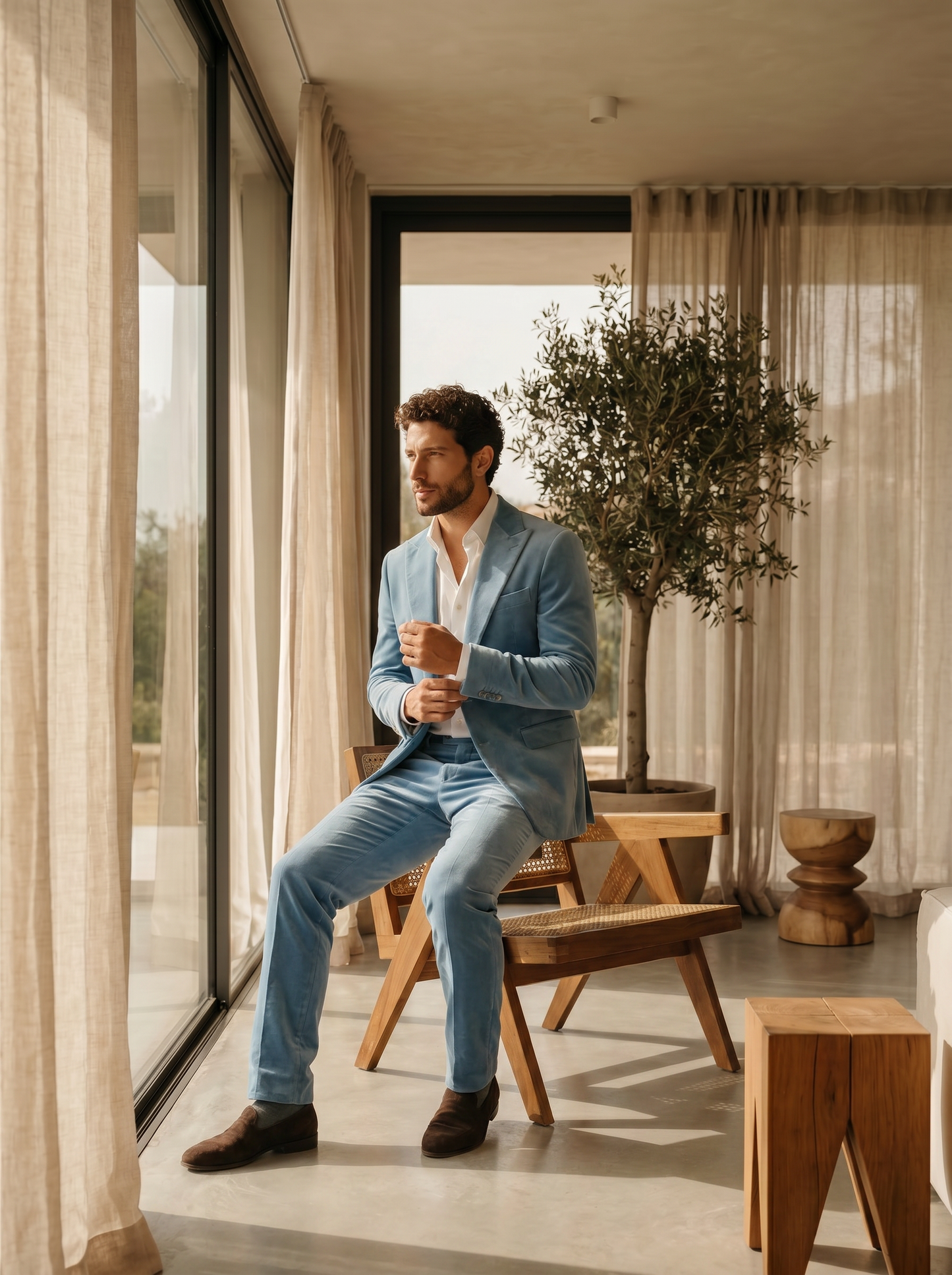 Sky Blue Velvet Suit — Custom Made to Measure - seated view