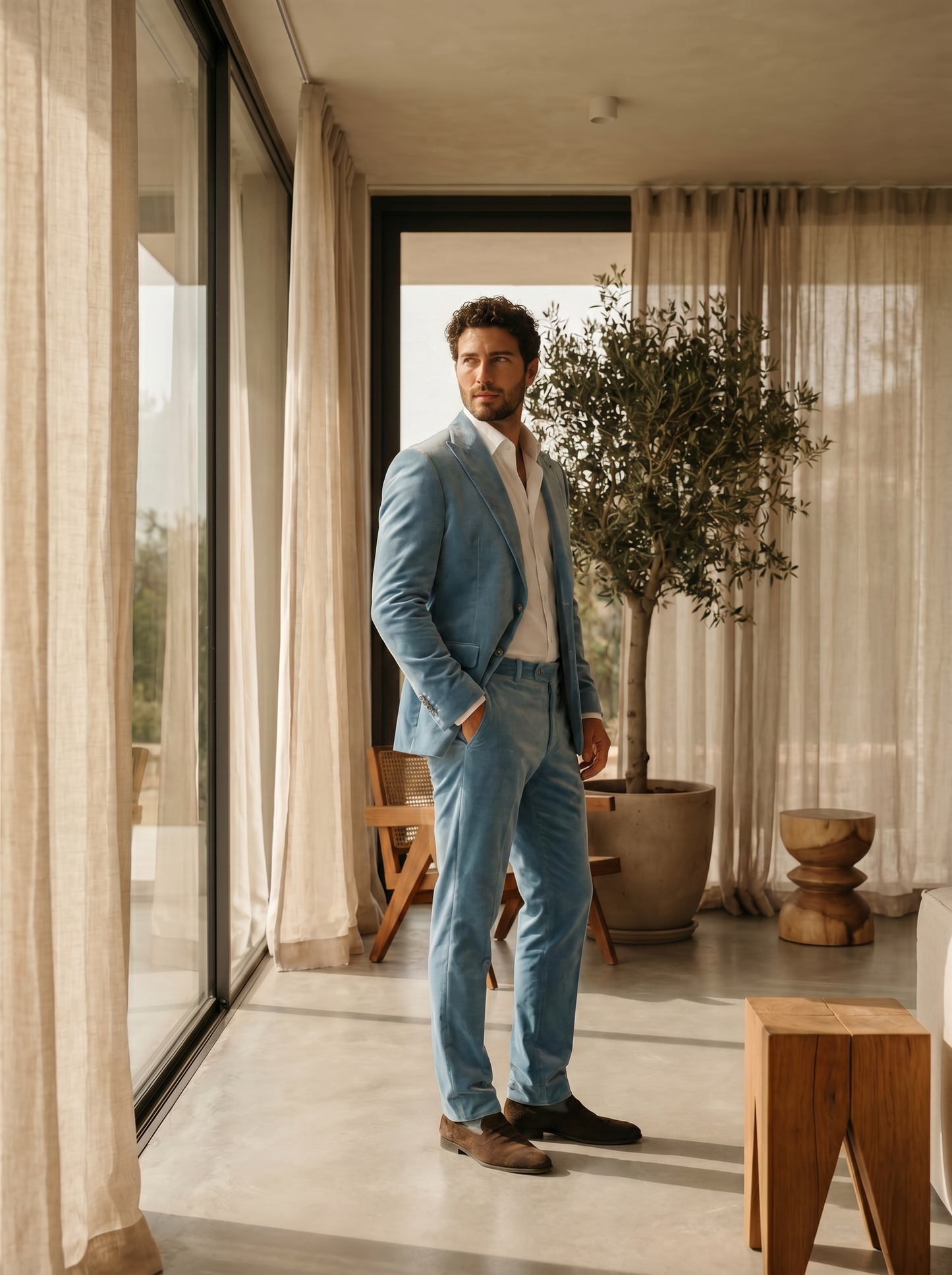 Sky Blue Velvet Suit — Custom Made to Measure - side view