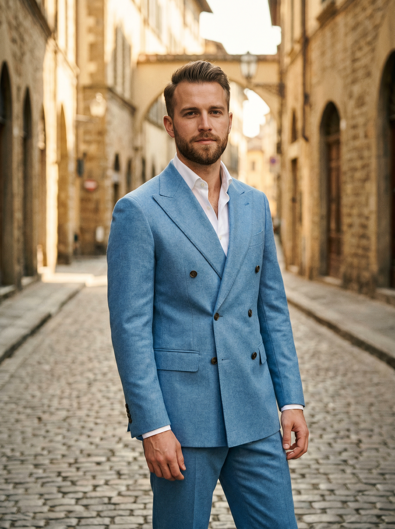Sky Blue Wool Double Breasted Suit — Custom Made to Measure - front view