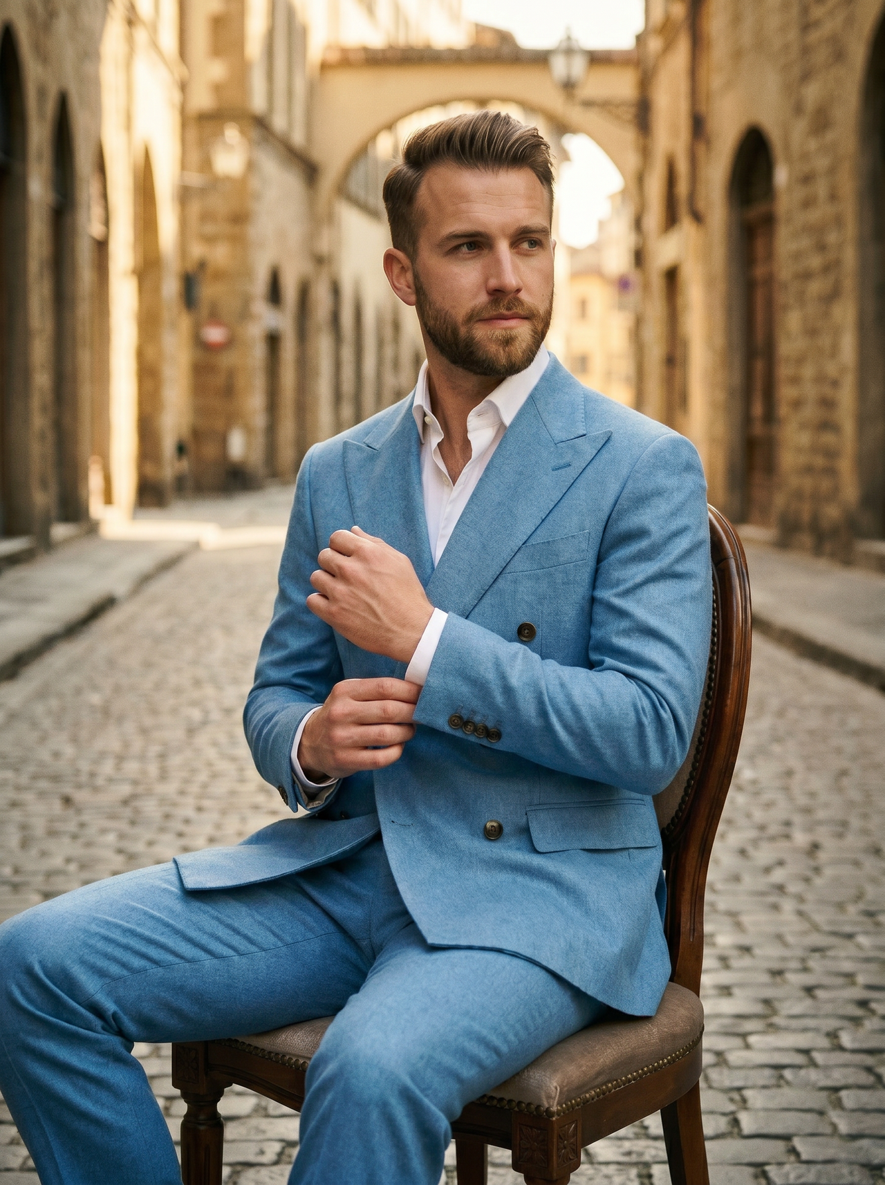 Sky Blue Wool Double Breasted Suit — Custom Made to Measure - seated view
