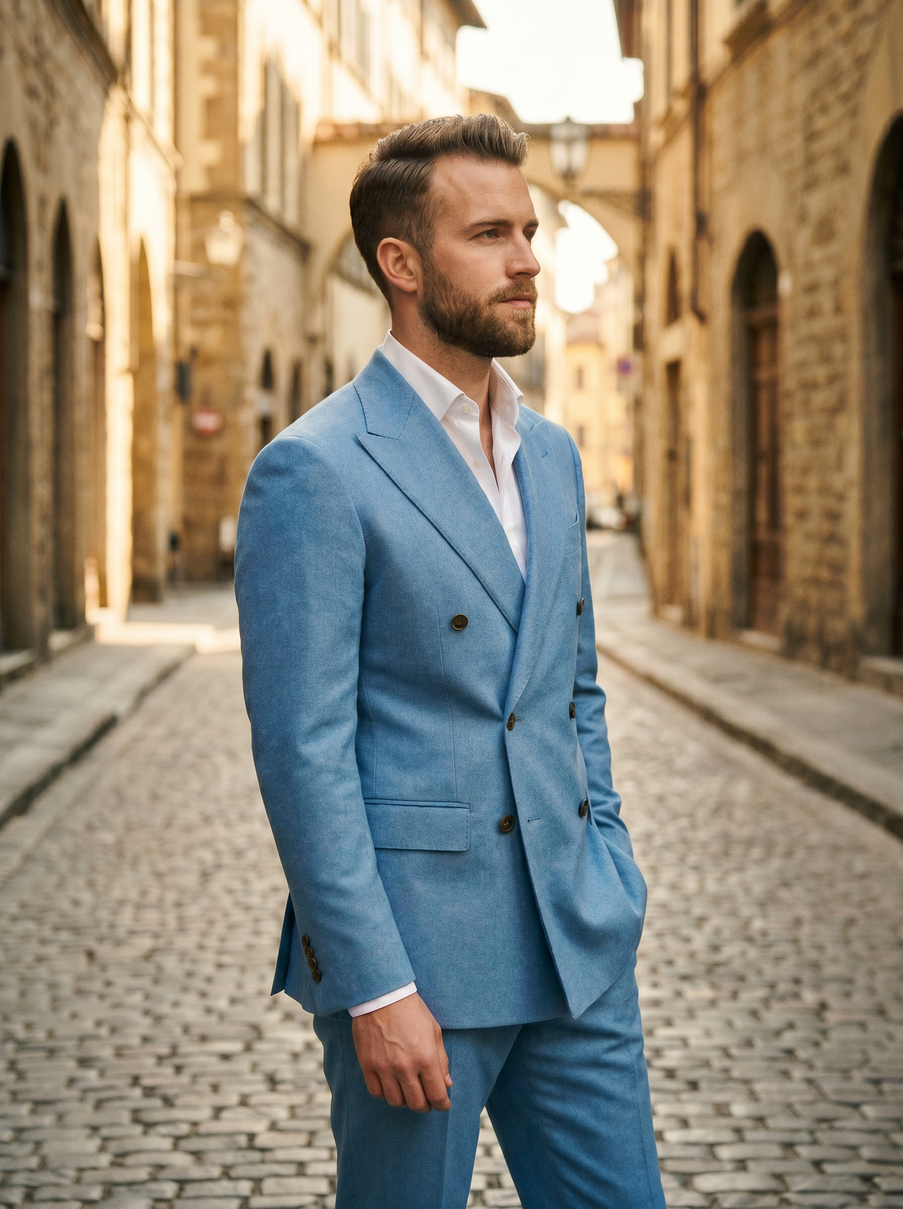 Sky Blue Wool Double Breasted Suit — Custom Made to Measure - side view