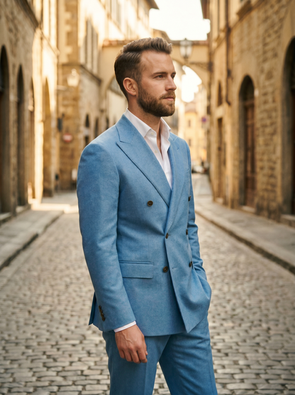 Sky Blue Wool Double Breasted Suit — Custom Made to Measure - side view