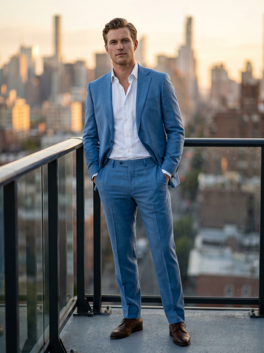 Sky Blue Wool Groomsmen Suit — Custom Made to Measure - front view