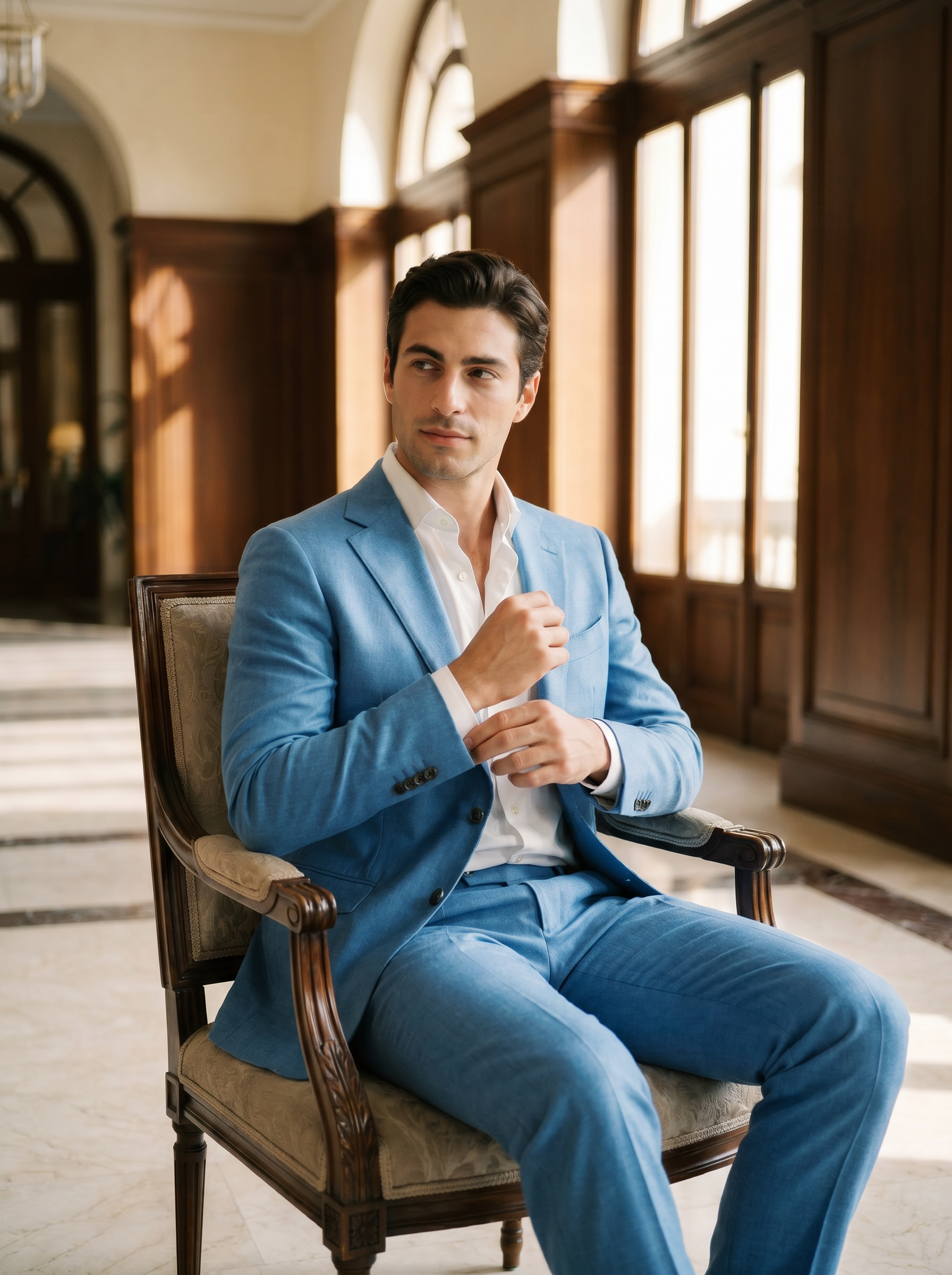 Sky Blue Wool Suit — Custom Made to Measure - seated view