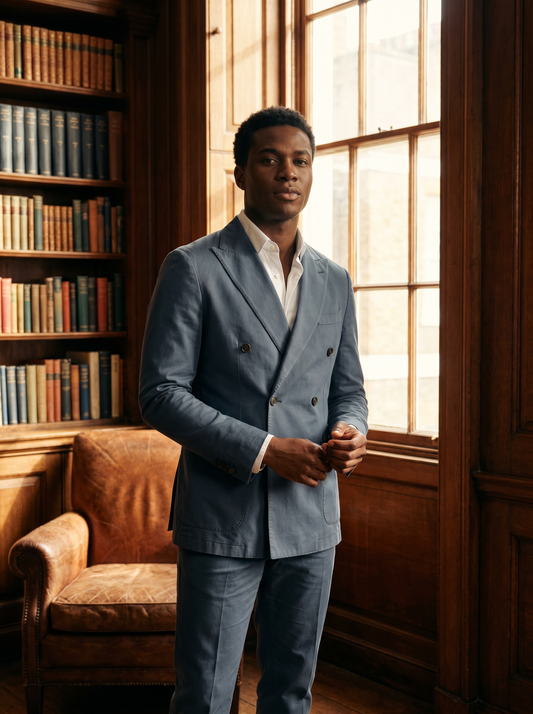 Slate Blue Cotton Double Breasted Suit — Custom Made to Measure - front view