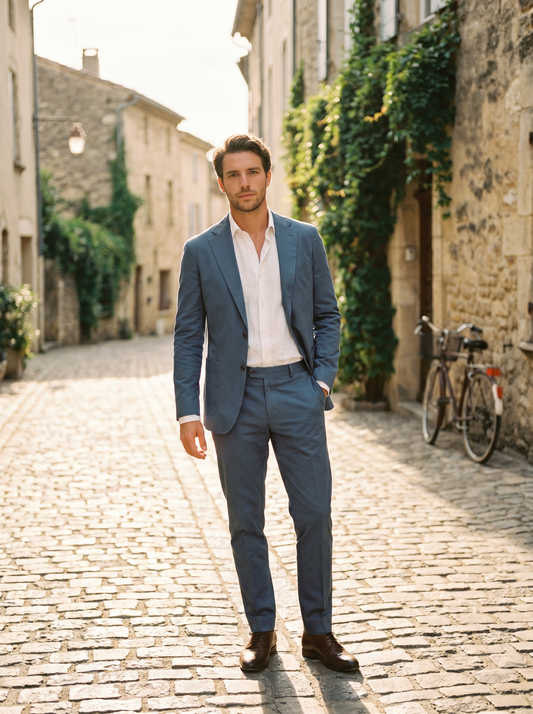 Slate Blue Cotton Groomsmen Suit — Custom Made - front view