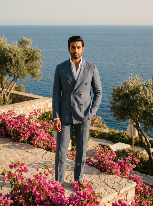 Slate Blue Linen Double Breasted Suit — Custom Made to Measure - front view