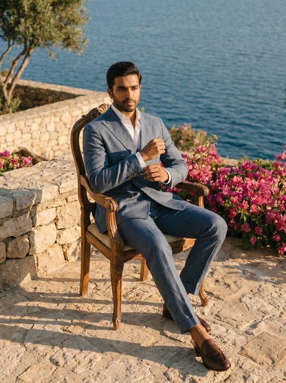 Slate Blue Linen Double Breasted Suit — Custom Made to Measure - seated view