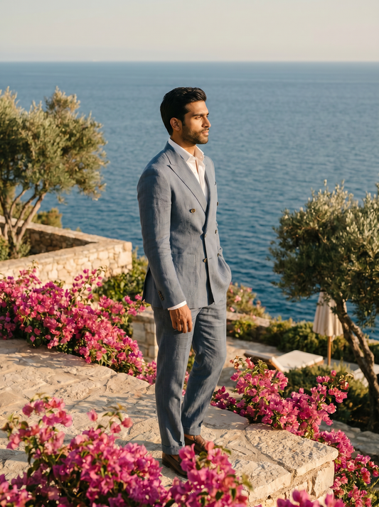 Slate Blue Linen Double Breasted Suit — Custom Made to Measure - side view
