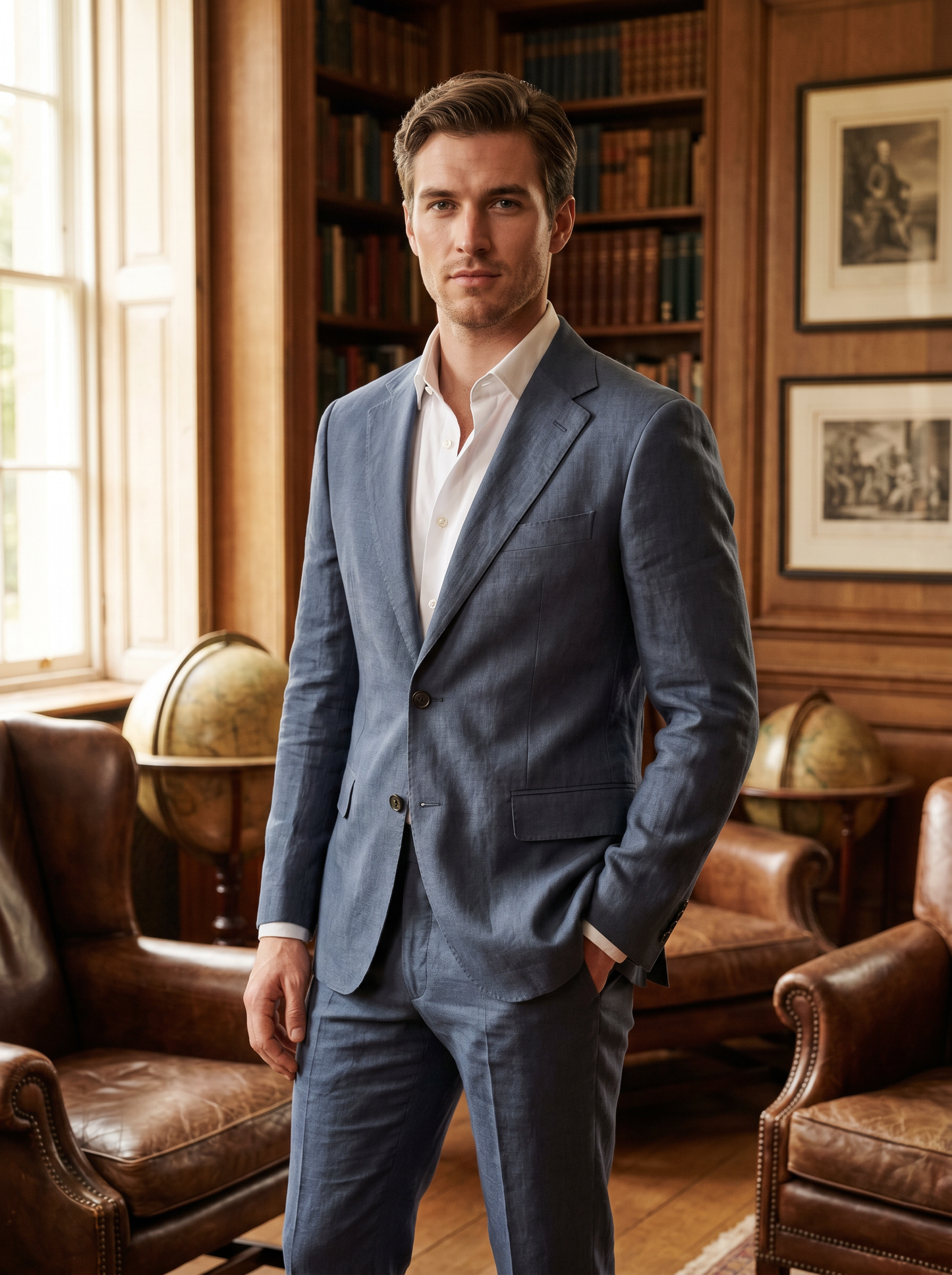 Slate Blue Linen Groomsmen Suit — Custom Made to Measure - front view