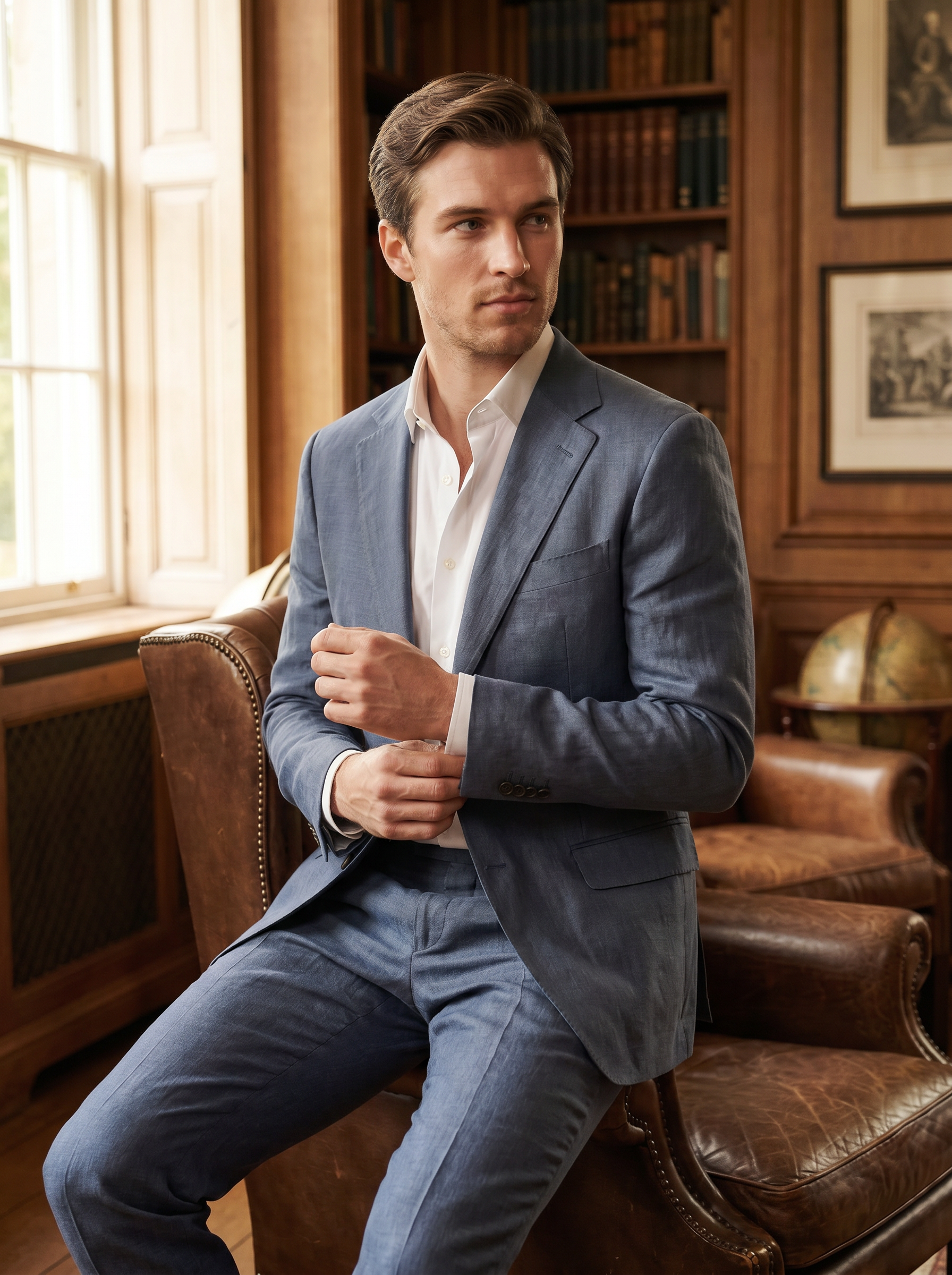 Slate Blue Linen Groomsmen Suit — Custom Made to Measure - seated view