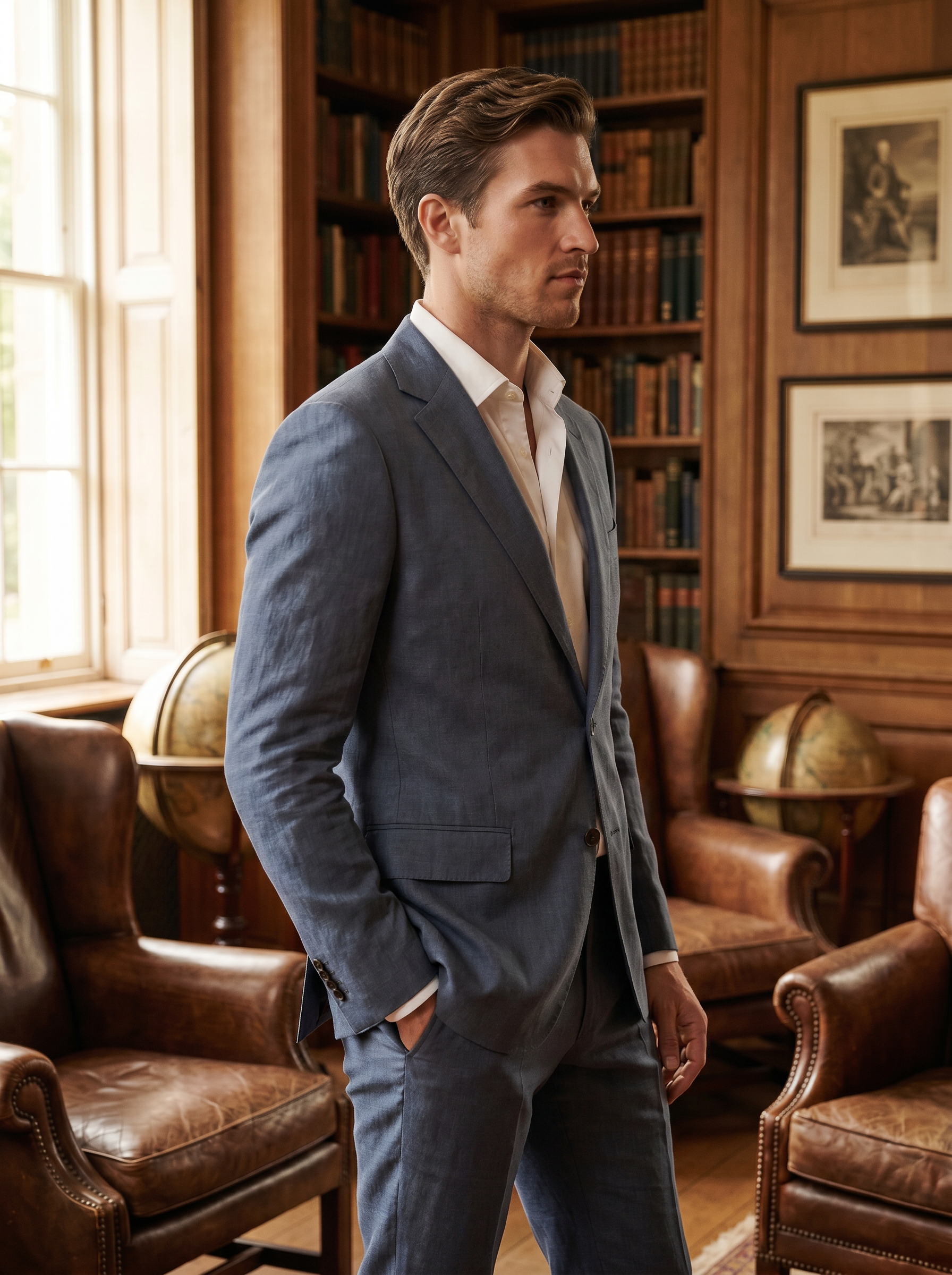 Slate Blue Linen Groomsmen Suit — Custom Made to Measure - side view