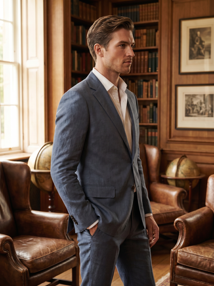 Slate Blue Linen Groomsmen Suit — Custom Made to Measure - side view